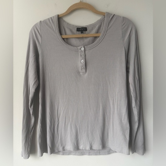 1. State Tops - 1STATE Gray Long Sleeve Ribbed Jersey Henley - Size Large